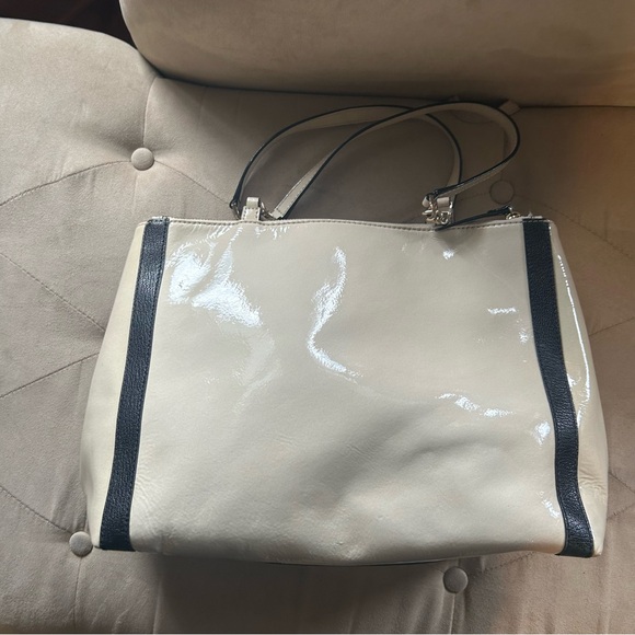 Kate Spade Cream Black Patent Leather Color block Satchel Tote Purse Handbag - Picture 3 of 15